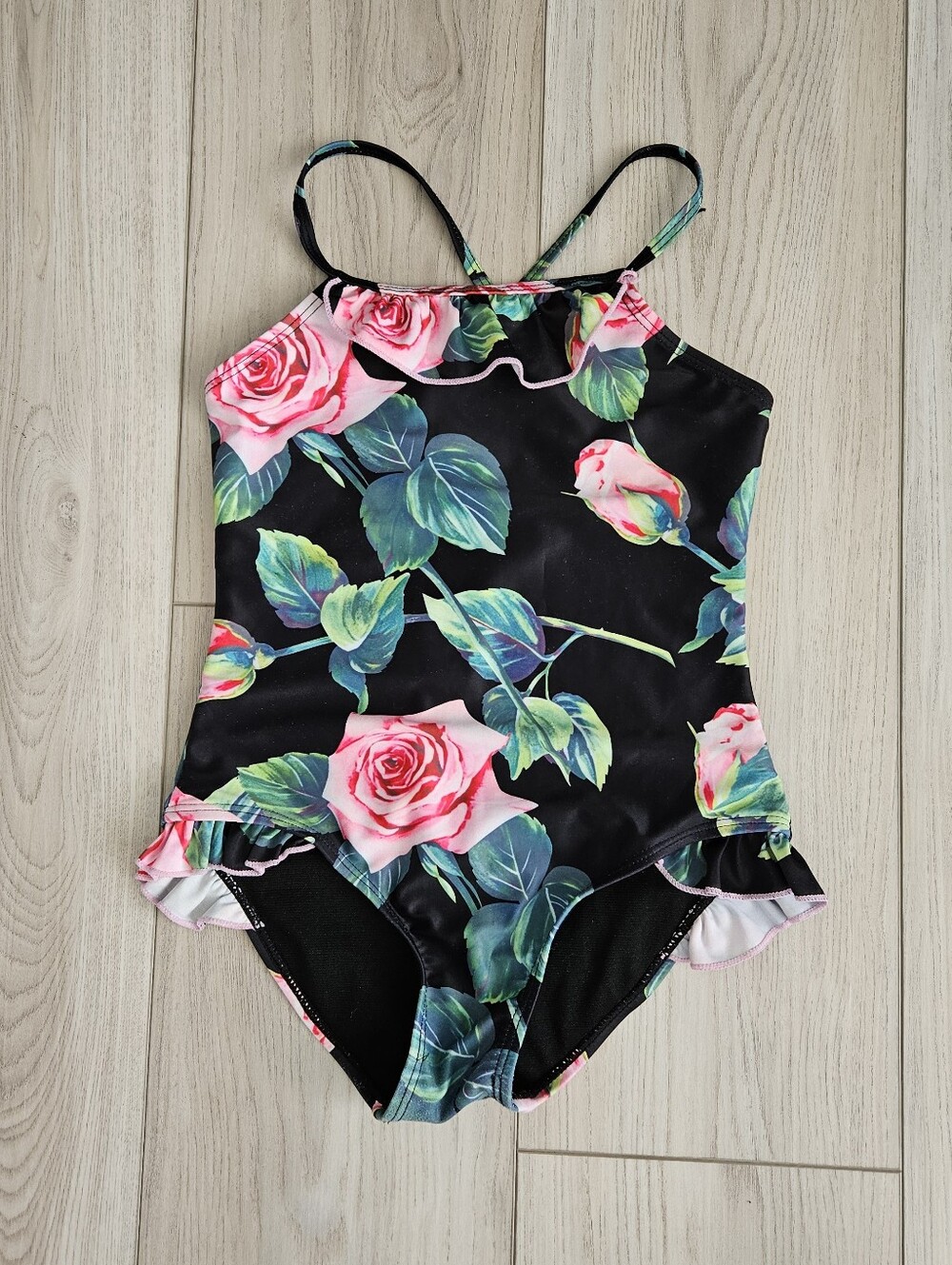 Lola + The Boys Girls Black Pink Roses Floral Ruffle One Piece Swimsuit Size 5-6
